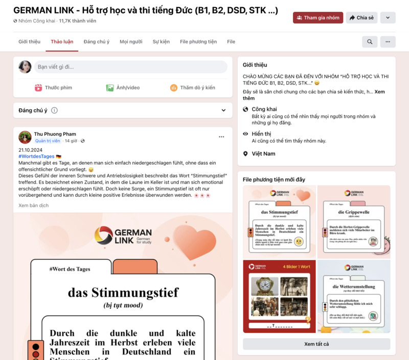 Tham gia nhóm Facebook của German Link để nhận được thêm nhiều thông tin hữu ích, hỗ trợ trong quá trình học tiếng Đức